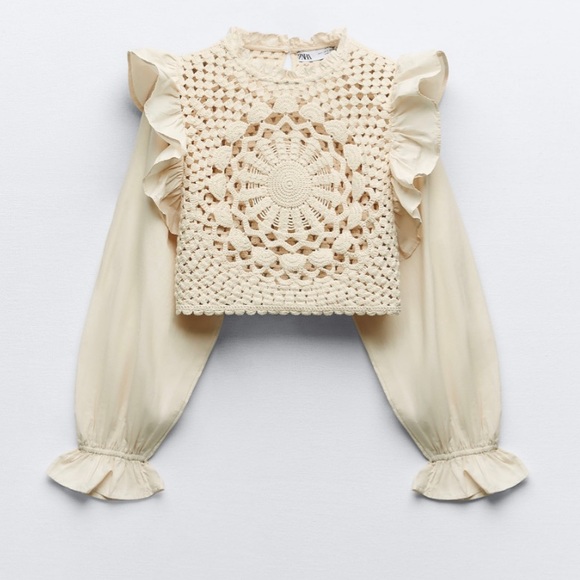 BNWT ZARA NEW WOMAN CONTRAST KNIT TOP WITH RUFFLED SLEEVES ECRU 7200/100 - Picture 2 of 10